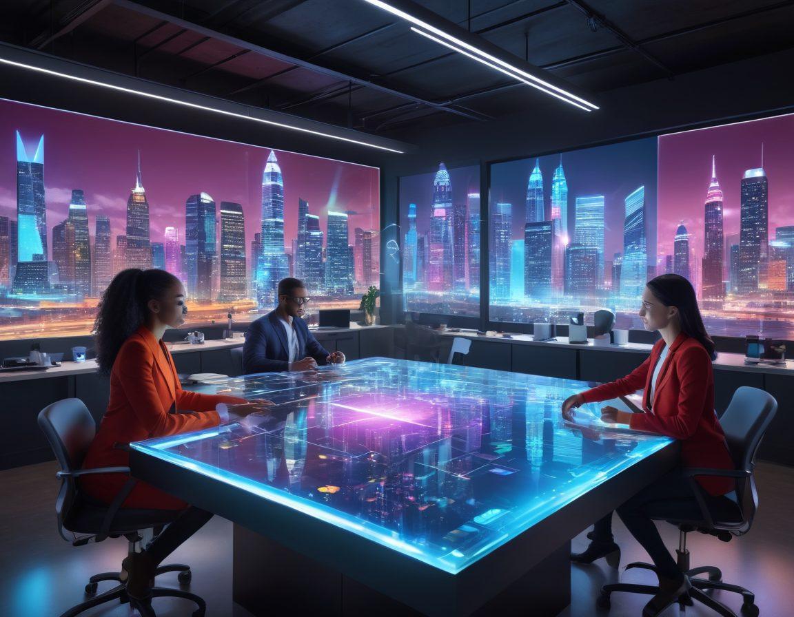 A futuristic workspace filled with diverse individuals collaborating around a digital holographic table, showcasing innovative tools and tech. The background features a vibrant cityscape with advanced architecture, signifying a thriving community. Bright colors and dynamic interactions emphasize creativity and connection among team members. super-realistic. vibrant colors. 3D.