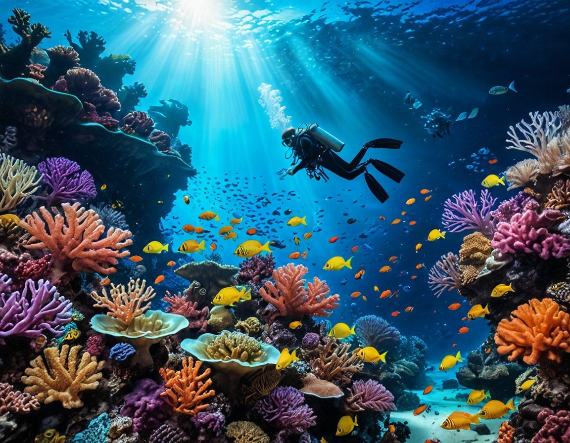 A vibrant underwater scene showcasing a diverse group of divers exploring a coral reef filled with colorful fish and unique marine life. In the background, luminous articles and collaboration notes float like bubbles, representing the trends and insights of Wyoo. The atmosphere is alive with glowing bioluminescent plants and a subtle sunbeam penetrating the surface, symbolizing enlightenment and discovery. super-realistic. vibrant colors. underwater theme.