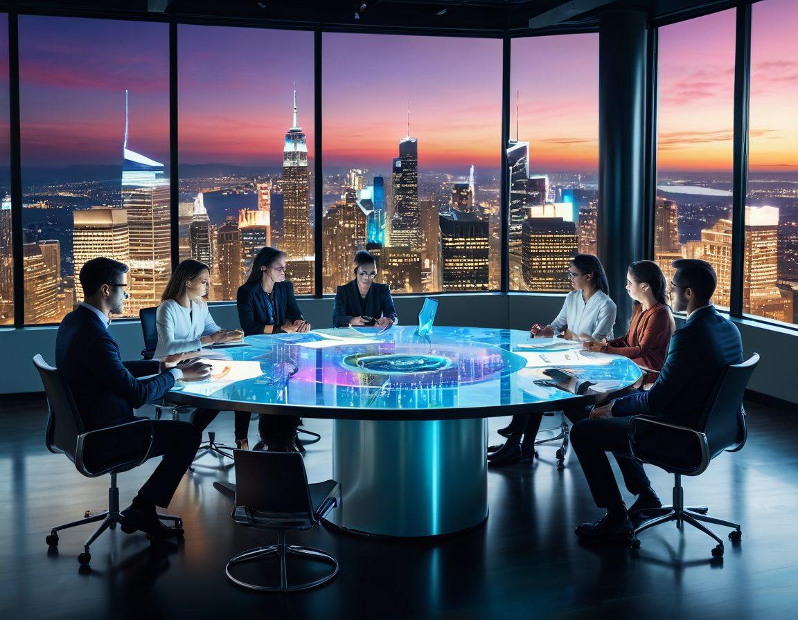 A vibrant digital collage depicting diverse community members engaging in creative discussions around a futuristic table, with holographic interfaces displaying innovative ideas and collaboration tools. In the background, a cityscape symbolizes growth and connection, while warm light enhances the collaborative atmosphere. super-realistic. vibrant colors.